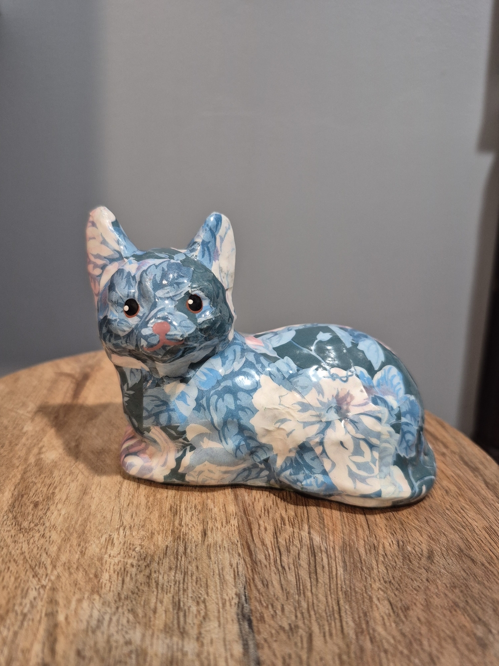 Vintage Floral Decoupage Cat Figurine in Blue and White